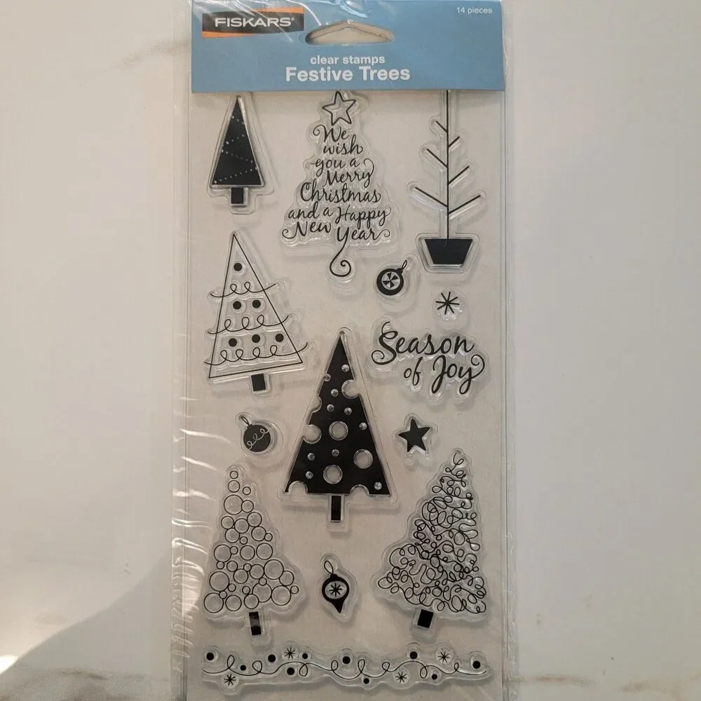 Fiskars FESTIVE TREES Clear Cling Stamp Set of 14 Ornaments Stars Phrases